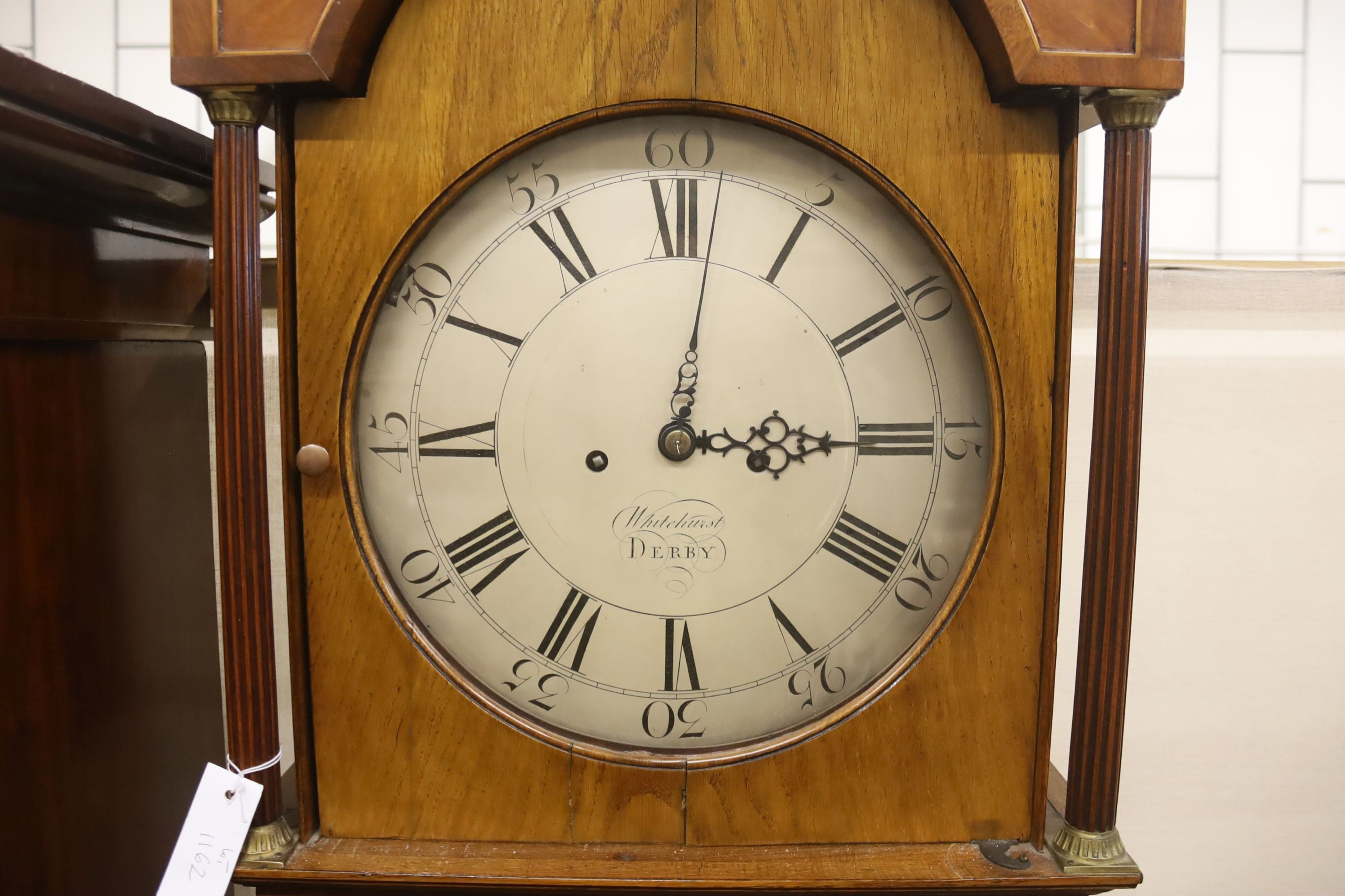 A George III oak and mahogany cased 8 day long case clock, Marked “Whitehurst, Derby”. H-220cm